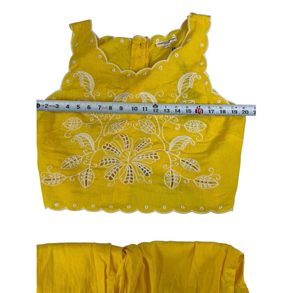 Christian Siriano Yellow Linen Embroidered Eyelet 2 Piece Crop Top Pants Set M - Picture 9 of 12
